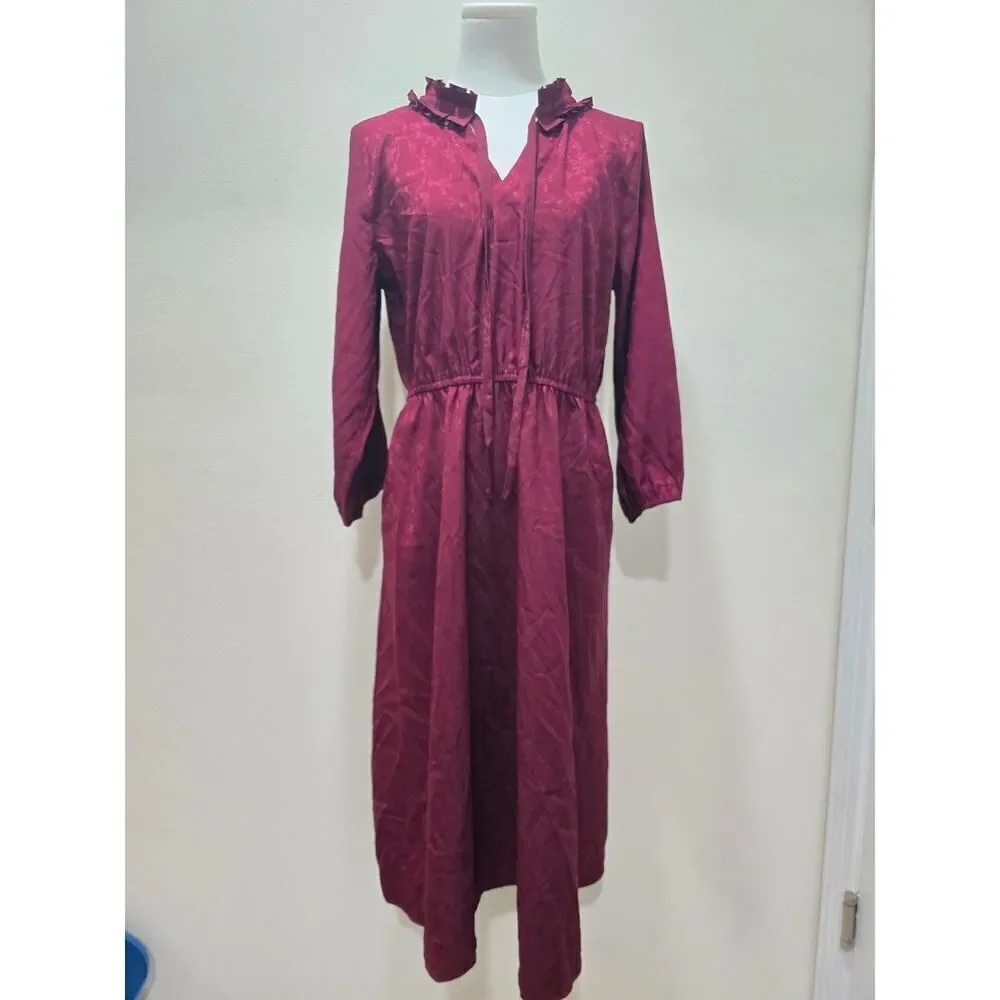 Croft & Barrow Ruffle-Neck Dress Victorian Midi Dark Red Floral Women's Size S
